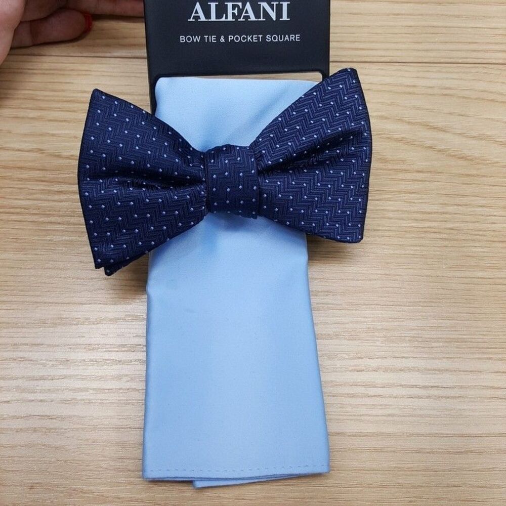 ALFANI Mens Bow Tie & Pocket Square Navy Blue Adjustable Pre-Tied Bowtie Set